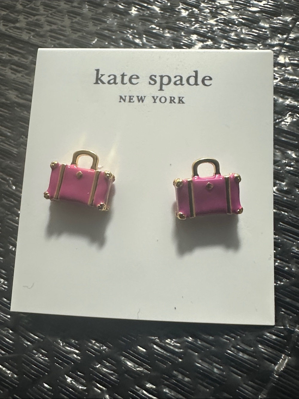 Kate Spade New York Pink Handbag Purse Stud Earrings Gold Tone